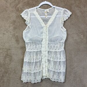 Adiva‎ Milkmaid Sheer Lace Overlay Ivory Lace Top PM Coquette Romantic EUC